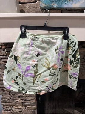 Abercrombie & Fitch Mint Floral Linen-Blend Ruched Side Mini Skirt Large